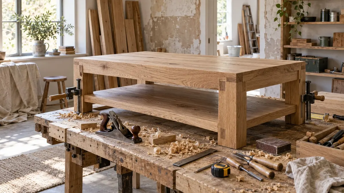 Table basse en chêne massif en cours de montage, tenons, serre-joints et copeaux dans l'atelier